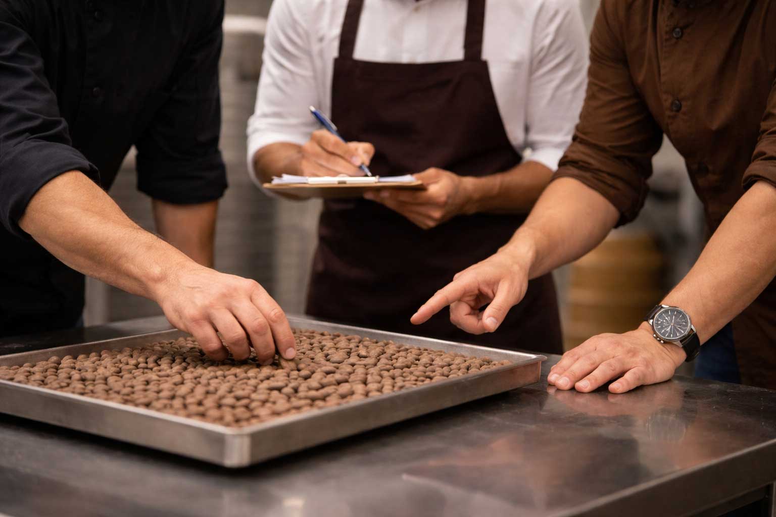 Professionals seleccionant i avaluant grans de cacau durant una formació sobre xocolata i procés Bean to Bar.