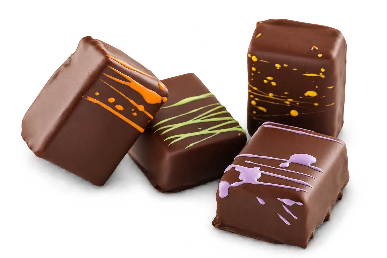 Bombons de xocolata decorats, exemple de tècniques de bomboneria i elaboració professional de xocolata.