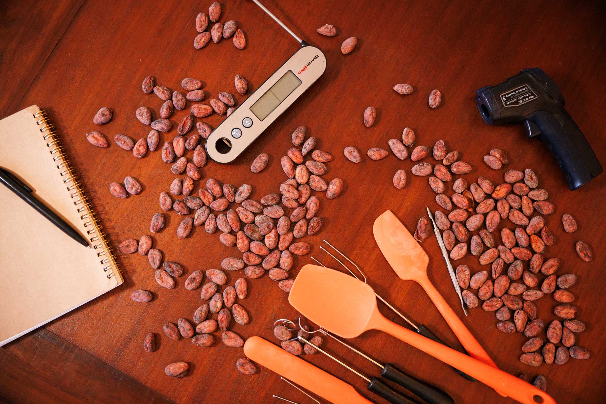 Grans de cacau amb eines de mesura i utensilis de treball per analitzar i controlar el procés Bean to Bar.